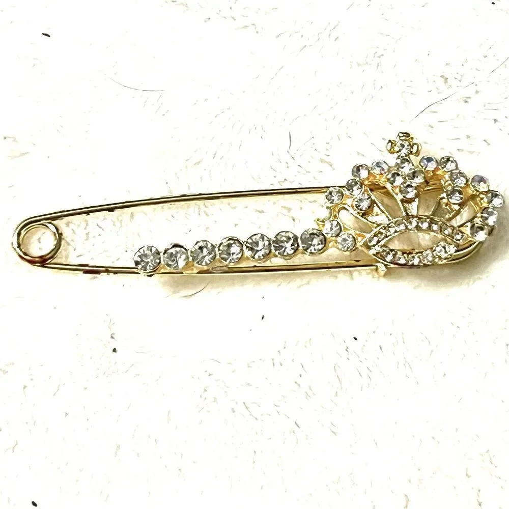 Gold Tone Princess Crown Safety Pin Brooch- Multi-colored Rhinestones
